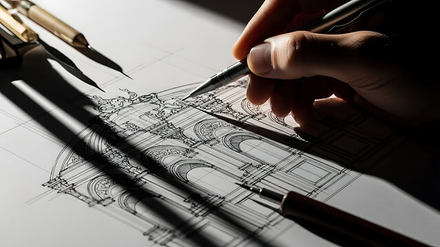 architectural drawing in progress with a skilled hand meticulously sketching intricate building designs on paper representing the creative design and planning. - Powered by Adobe