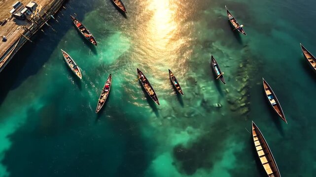 Aerial view of traditional wooden boats (dhows) anchored in clear turquoise water near a pier, with sun reflection.