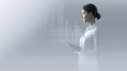 Professional woman holding a tablet while analyzing data in a modern and minimalist office environment with a soft focus and abstract background