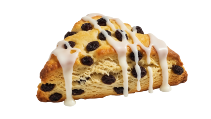 Delicious raisin scone with icing isolated PNG, sweet baked treat on transparent background for dessert and bakery concepts
