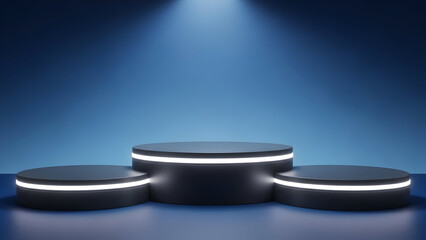 A futuristic stage with three sleek illuminated platforms