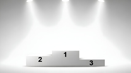 A grayscale podium with numbers 1 2 and 3 illuminated by spotlights