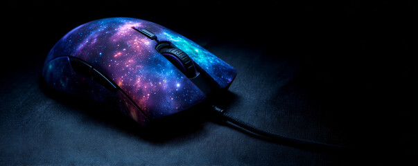 Gaming mouse with galaxy pattern design glowing in dark environment for technology lovers and gamers