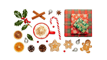 Festive Christmas Flat Lay with Holiday Treats and Decorations.