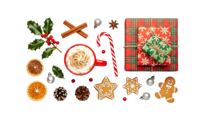 Festive Christmas Flat Lay with Holiday Treats and Decorations.