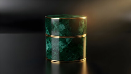 Luxurious green marble and gold cylindrical object on dark reflective surface