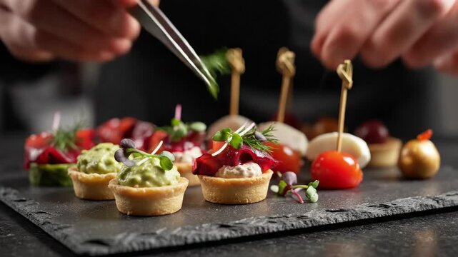 Soft focus rack pulling to sharply defined elegant canap&eacute;s being meticulously arranged on a dark rough slate surface demonstrating precise professional food styling overhead, arrangement, culinary