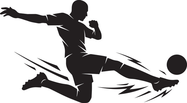Soccer player silhouette vector illustration, football action poses, kicking ball stance, cad drawing flat vector illustration, sports icon design