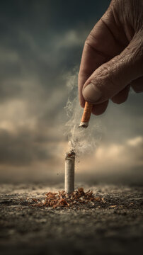 Cigarette butt extinguished by hand with smoke and ash on rough surface under cloudy sky
