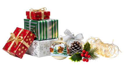 Festive Christmas Gifts and Decorations Arranged on a White Surface.