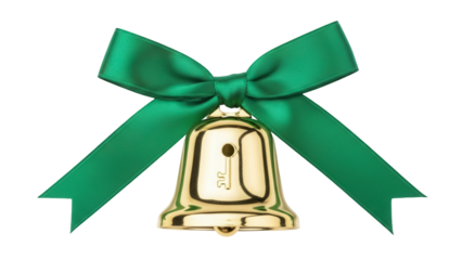 Golden Christmas bell with green bow isolated PNG, festive holiday decoration on transparent background for greeting cards and design projects