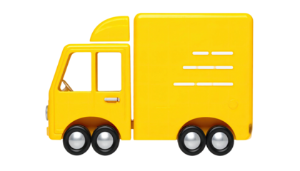 Bright yellow toy truck with a cargo container, isolated on black