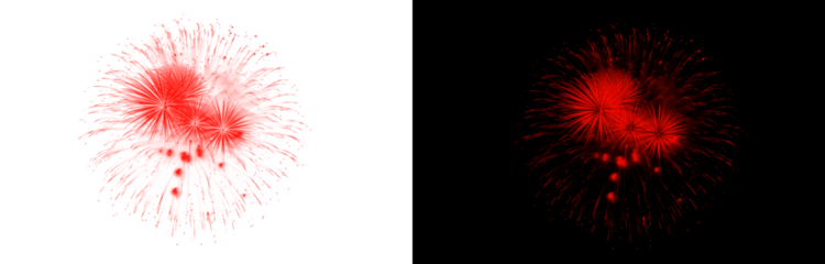 Red fireworks explosion isolated on transparent background with vibrant glowing sparks and light trails for creative festive visual designs
