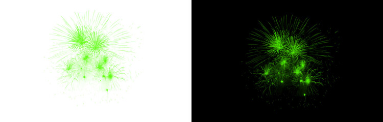 Green multiple fireworks burst element on transparent background for creative overlay and holiday celebration graphics with glowing trails