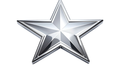 Gleaming, silver five-pointed star with a polished metallic finish