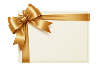 Elegant gold ribbon and bow on a blank card isolated on transparent background