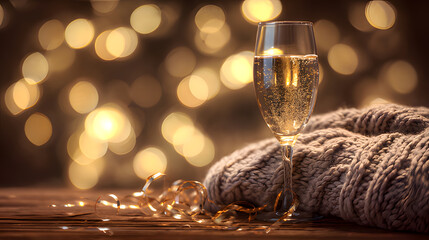 dcf. A champagne flute with golden bubbles on a wooden table beside a cozy blanket and festive confetti. bar promotions, beverage menus, designed for food & beverage menus and cafe branding.