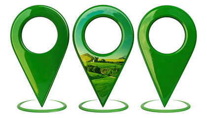 Obraz premium Three vibrant green location markers, one with a picturesque landscape