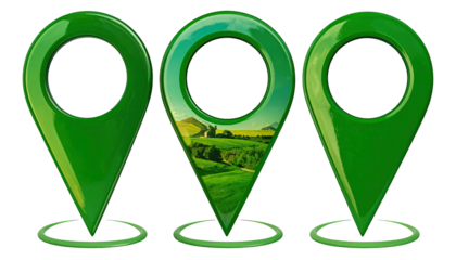 Three vibrant green location markers, one with a picturesque landscape
