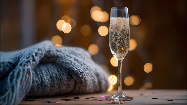 dcf. A champagne flute with golden bubbles on a wooden table beside a cozy blanket and festive confetti. bar promotions, beverage menus, designed for food & beverage menus and cafe branding.