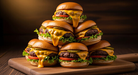 Stacked Pyramid of Classic Beef Cheeseburgers