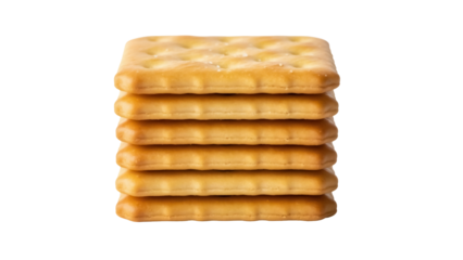 Stack of golden brown crackers isolated on transparent background, crispy baked snack for appetizers and healthy eating