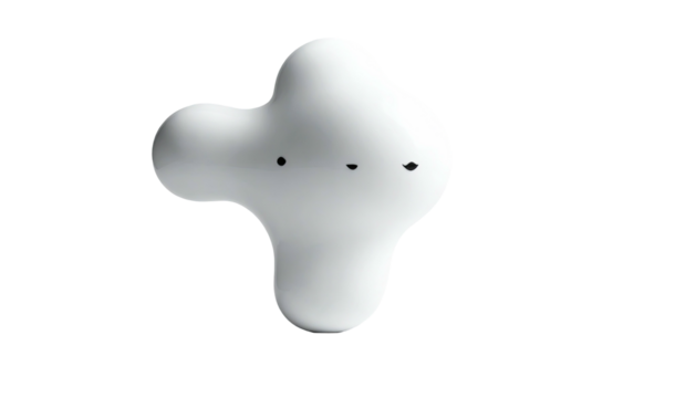 Floating white blob, smooth and organic, three dark dots, black background - Powered by Adobe