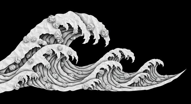 Detailed black and white wave illustration depicting powerful ocean currents with intricate texture