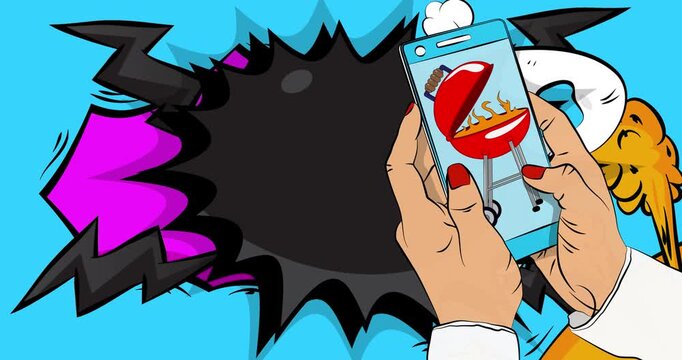 Cartoon Smartphone, comic book Telephone with Barbecue Grill. Retro animation, comics pop art video.