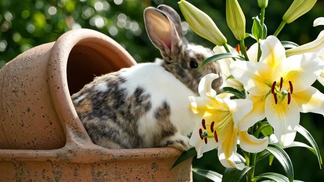 Soft focus rotating shot of a beautiful clean rabbit cautiously observing its lily flower environment in a terra cotta vessel pot, spring, cautiously observing