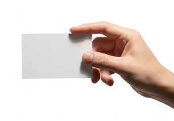 Hand holding a blank white business card isolated on transparent background