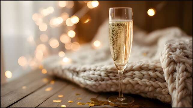 dcf. A champagne flute with golden bubbles on a wooden table beside a cozy blanket and festive confetti. bar promotions, beverage menus, designed for food & beverage menus and cafe branding.
