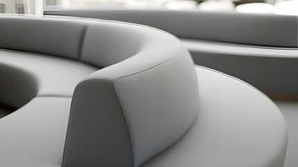 contrapositive. A minimalist, flowing arc of upholstered seating on a blurred neutral background. real-estate listings.