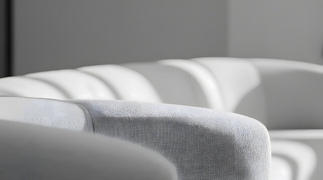 contrapositive. A minimalist, flowing arc of upholstered seating on a blurred neutral background. real-estate listings.