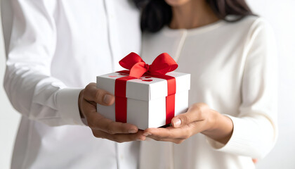 Close-up of gift box with ribbon and small hearts held by couple, white background, commercial clean layout