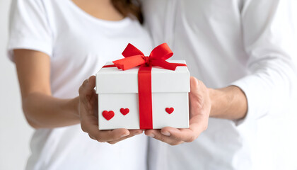 Close-up of gift box with ribbon and small hearts held by couple, white background, commercial clean layout