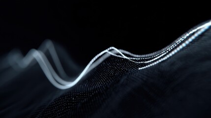 Abstract digital wave patterns in dark background, flowing lines representing connectivity, technology, sound, and data visualization in modern design aesthetics
