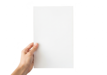 Hand holding a blank white sheet of paper isolated on transparent background