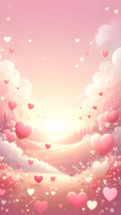 Cute Valentine background with small hearts and confetti, pastel pink and cream colors, vertical stock background