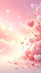 Cute Valentine background with small hearts and confetti, pastel pink and cream colors, vertical stock background
