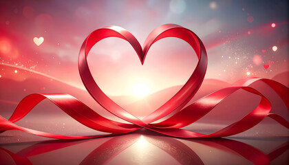Elegant Valentine&rsquo;s Day background with red ribbon forming heart shape, horizontal composition