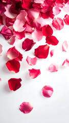 Elegant Valentine&rsquo;s Day backdrop with rose petals floating on white background, vertical orientation, premium look
