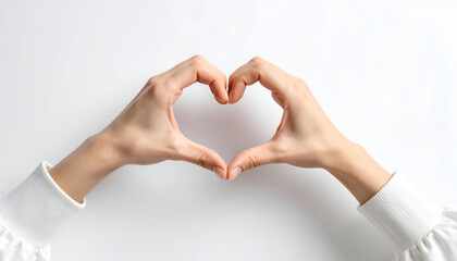 Hands forming a heart shape together, close-up, white background, minimalist romantic composition