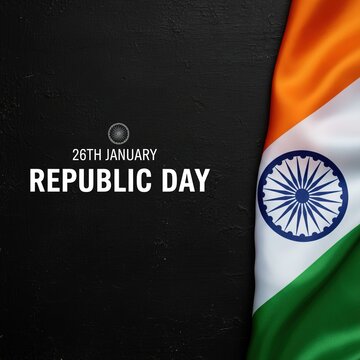 Indian flag draped against a dark textured background with '26th January Republic Day' text.