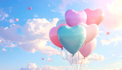 Valentine background with heart-shaped balloons floating, sky-toned pastel background