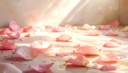 Valentine background with rose petals spread across table, soft natural light