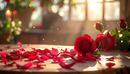 Valentine background with rose petals spread across table, soft natural light, horizontal layout