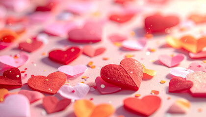 Valentine background with scattered confetti hearts, bright and cheerful mood, horizontal composition