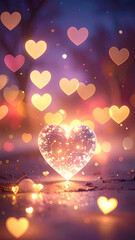 Valentine&rsquo;s Day background with glowing heart bokeh, soft focus, dreamy atmosphere, vertical format