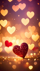 Valentine&rsquo;s Day background with glowing heart bokeh, soft focus, dreamy atmosphere, vertical format